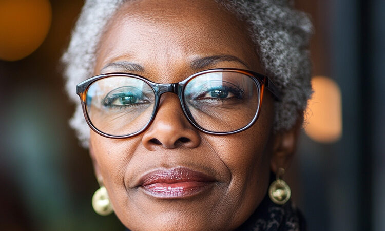 a middle-aged woman wearing glasses. African-Americans are at higher risk for glaucoma